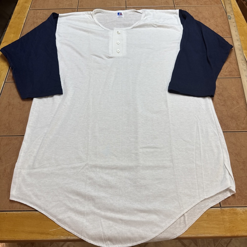 VTG Russell Athletic Shirt Sz XL White Blue 3/4 Sleeve Raglan Baseball USA New